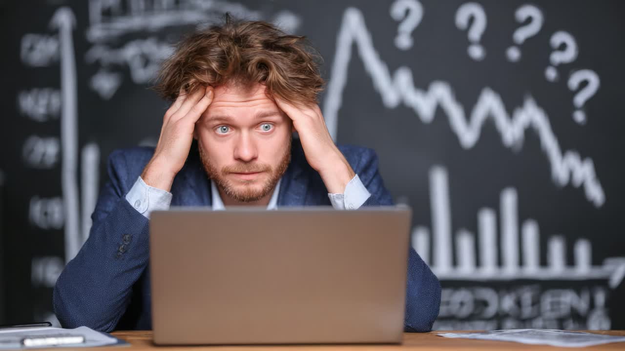 An Overwhelmed Professional Struggles with Stress and Uncertainty in Front of a Laptop While Analyzing Confusing Financial Charts