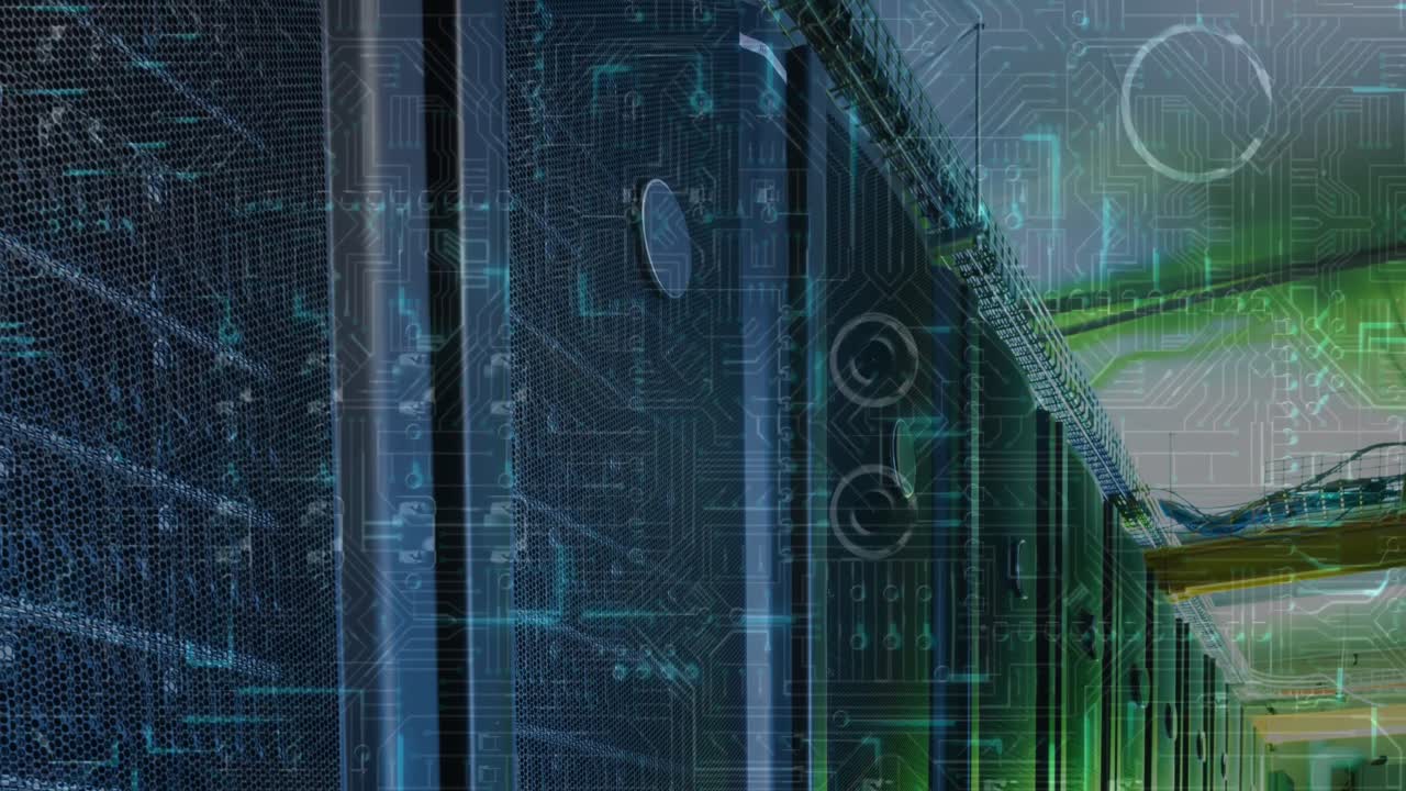 Animation of data processing on circuit board over computer servers