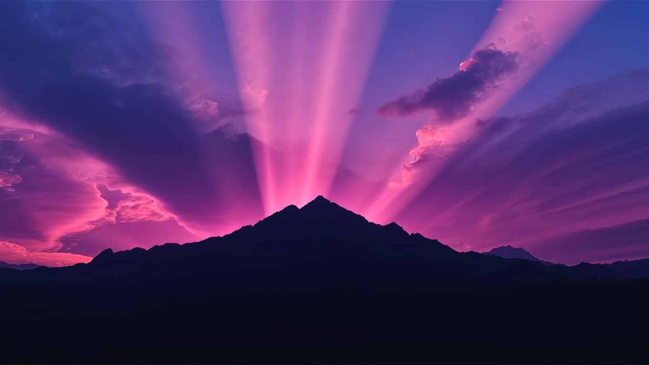 Blocking sun, dark central peak ridge creating pink beams fanning upward at horizon across clouds