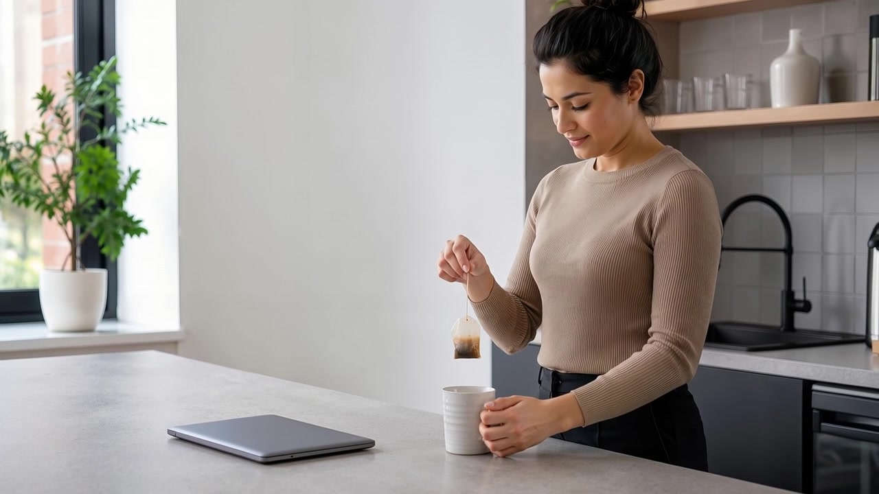 Smiling young woman preparing hot tea with a tea bag in kitchen