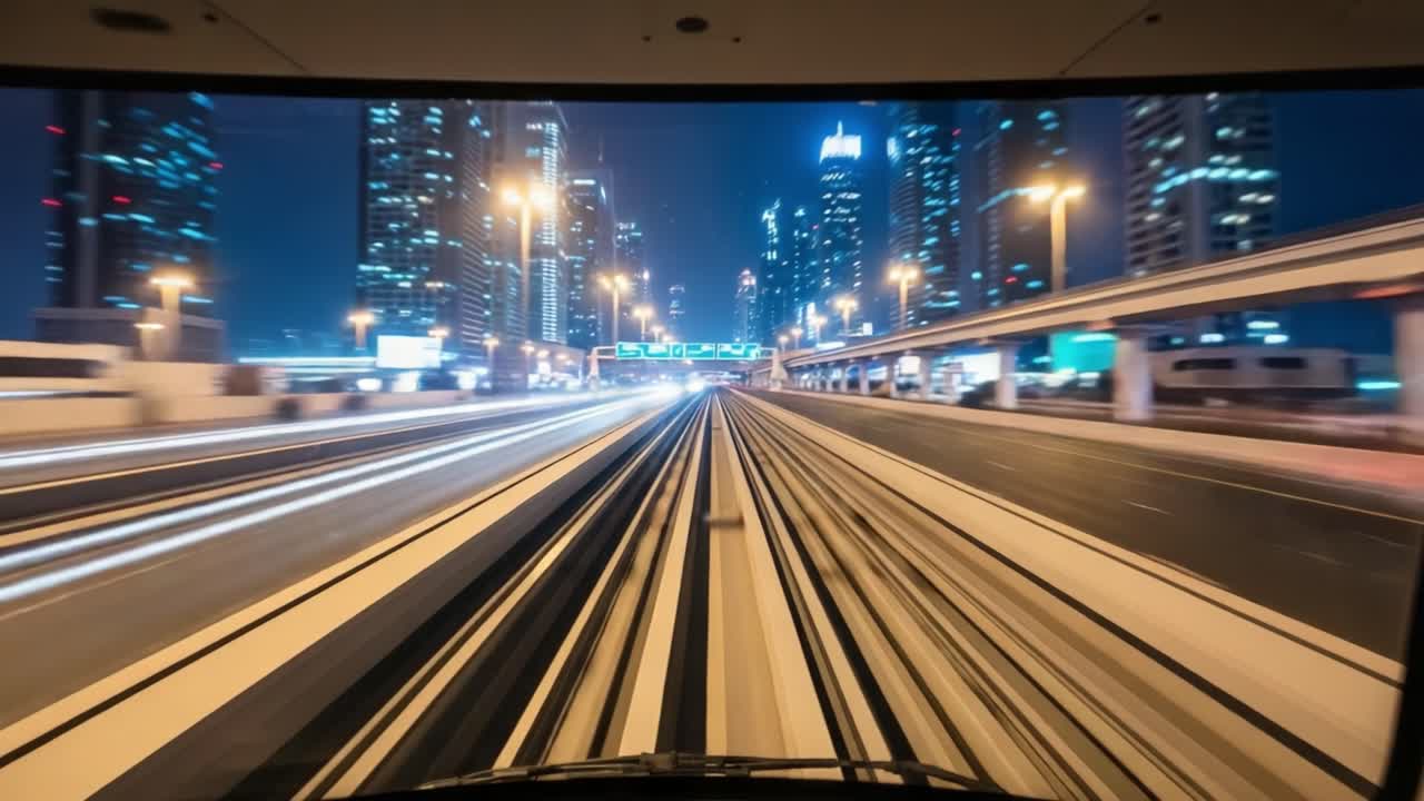 Night View from a Moving Train in a Modern City