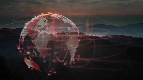 Animation of rotating globe with network of connections over sunset landscape