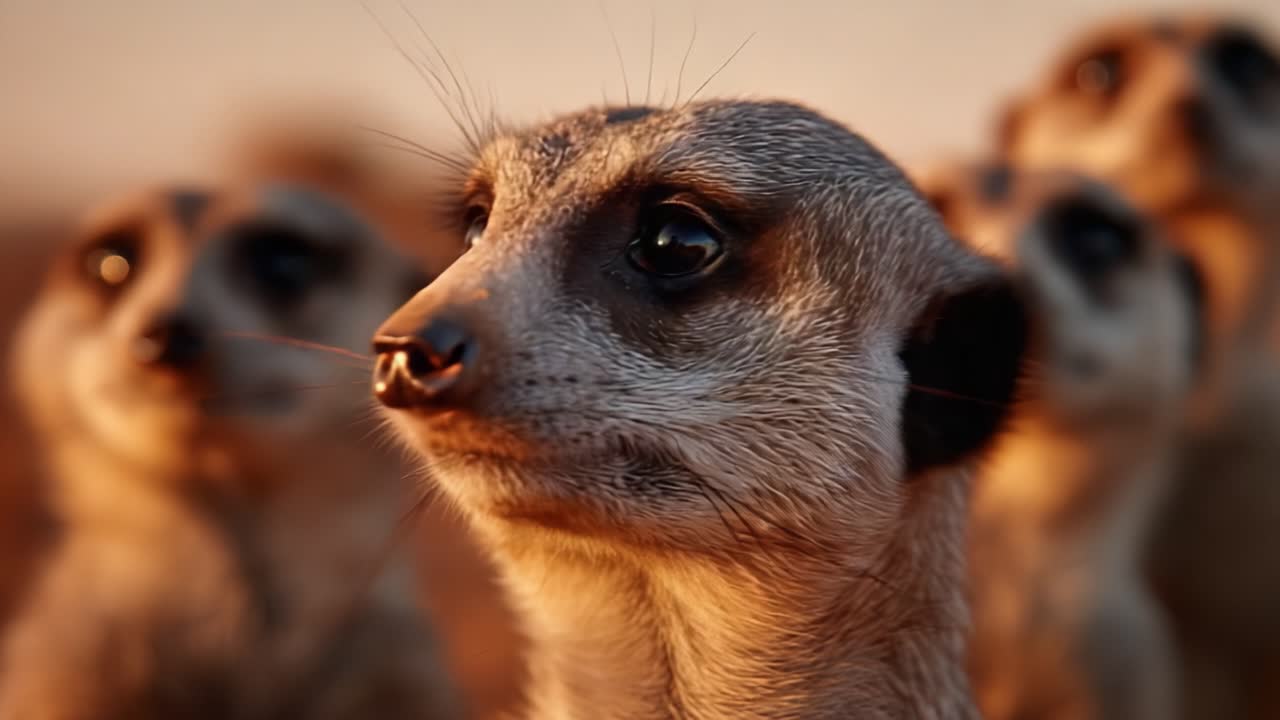A Group of Meerkats Observing Their Surroundings with Curiosity and Alertness, Capturing the Intriguing Social Behavior and Expressions of These Fascinating Animals in Their Natural Habitat