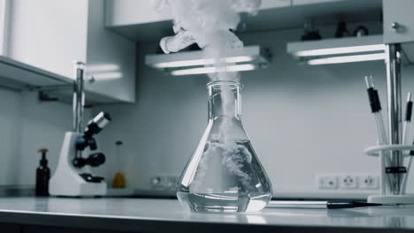 chemical reaction in laboratory flask