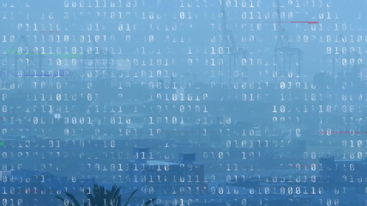 Animation of glitched looping binary codes over fog covered under construction modern buildings