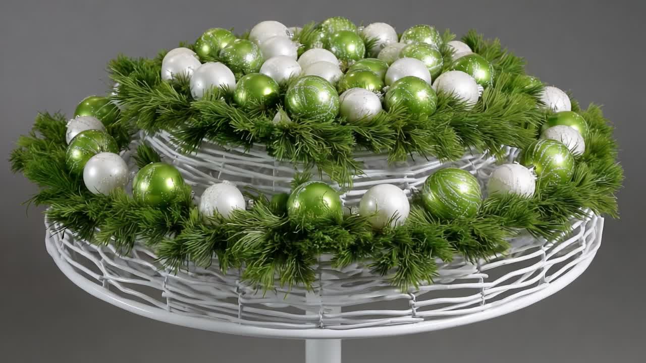 A Beautifully Decorated Circular Arrangement Featuring Green and White Ornaments Surrounded by Lush Evergreen Foliage Perfect for Holiday Celebrations