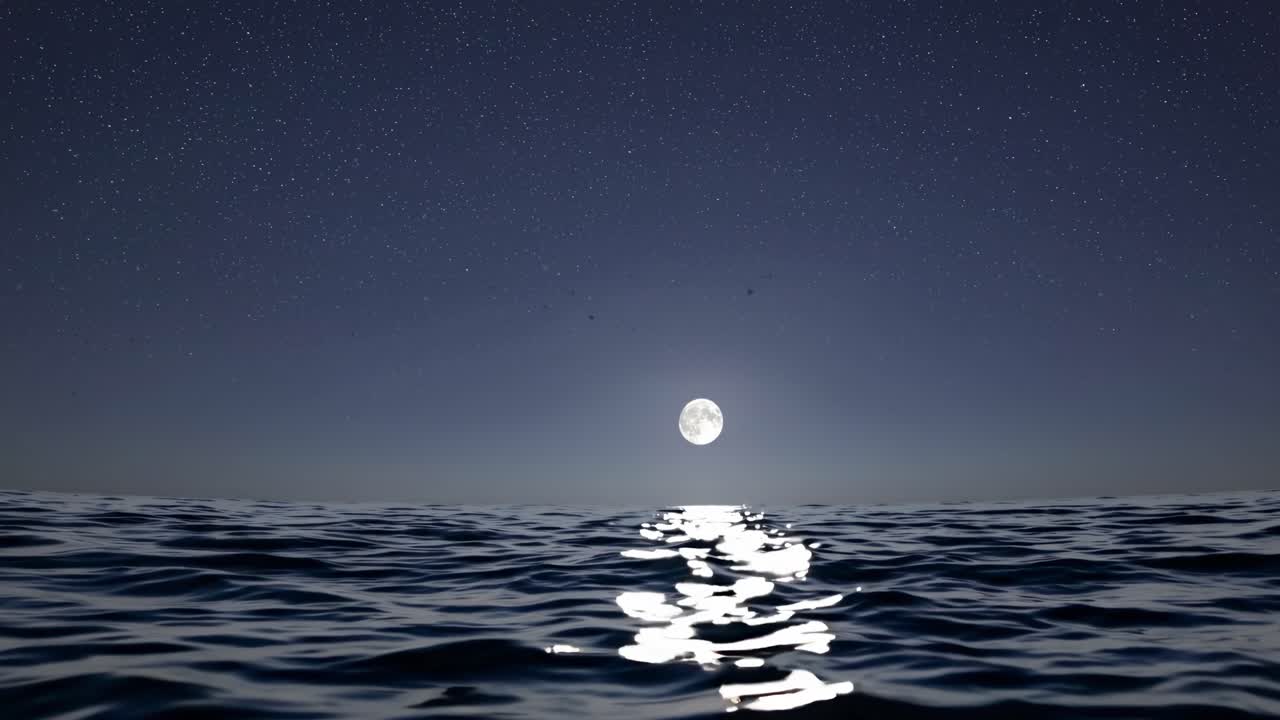 A serene night scene video with a low-angle view of the moon reflecting on the ocean, under a starry