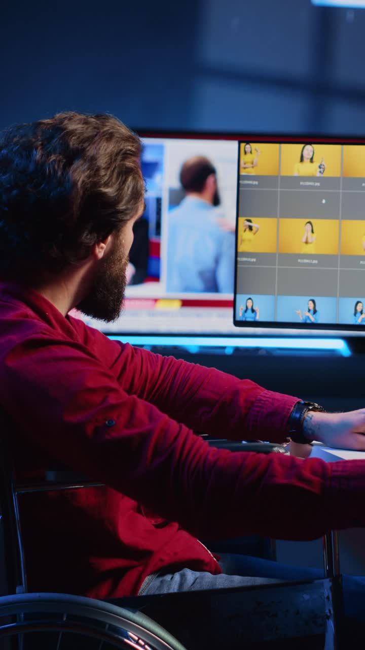 Vertical video Photographer suffering from leg injury browsing through images on retouching software