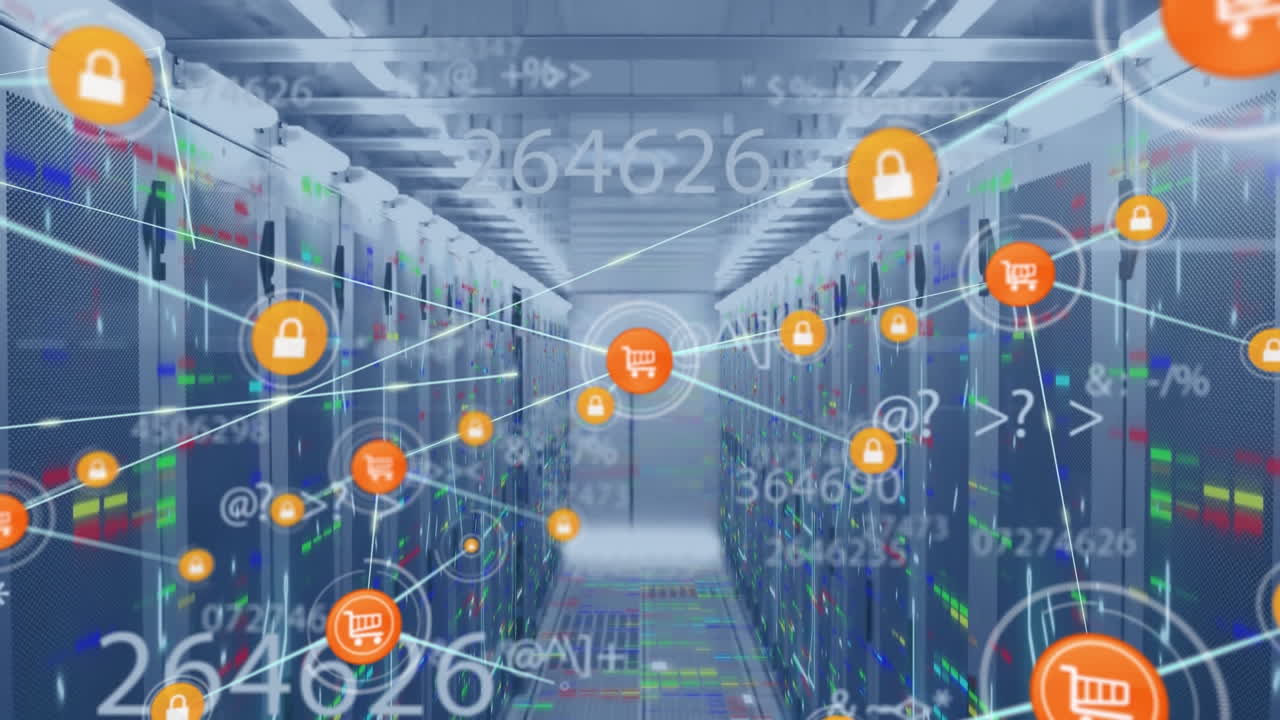 animación de la red de conexiones con iconos a través de un servidor informático