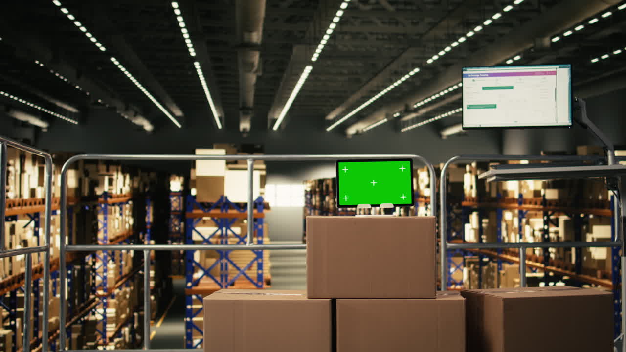 Mockup isolato di tablet con schermo verde in un magazzino industriale vuoto