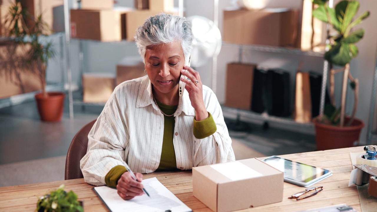 Mature Business Owner Talking on Phone and Writing in Warehouse Office