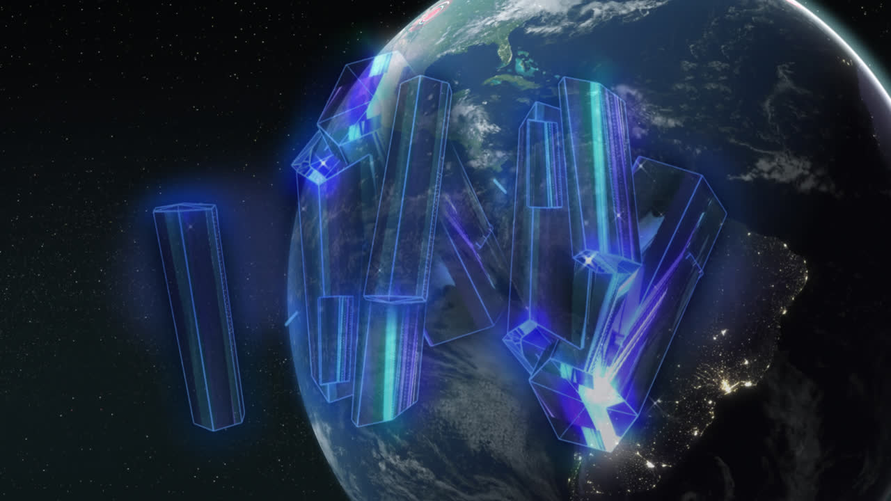 анимация синих светящихся блоков над земным шаром на синем фоне