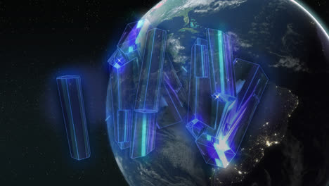 animación de bloques brillantes azules sobre el globo terrestre sobre un fondo azul