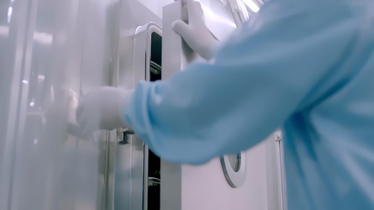Scientists or technicians putting test tubes with blood samples into centrifuge machine.