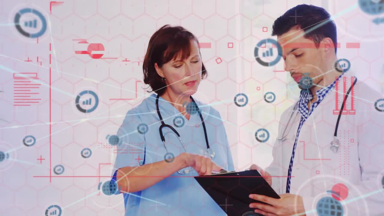 animación de la red de conexiones con iconos y procesamiento de datos sobre diversos médicos