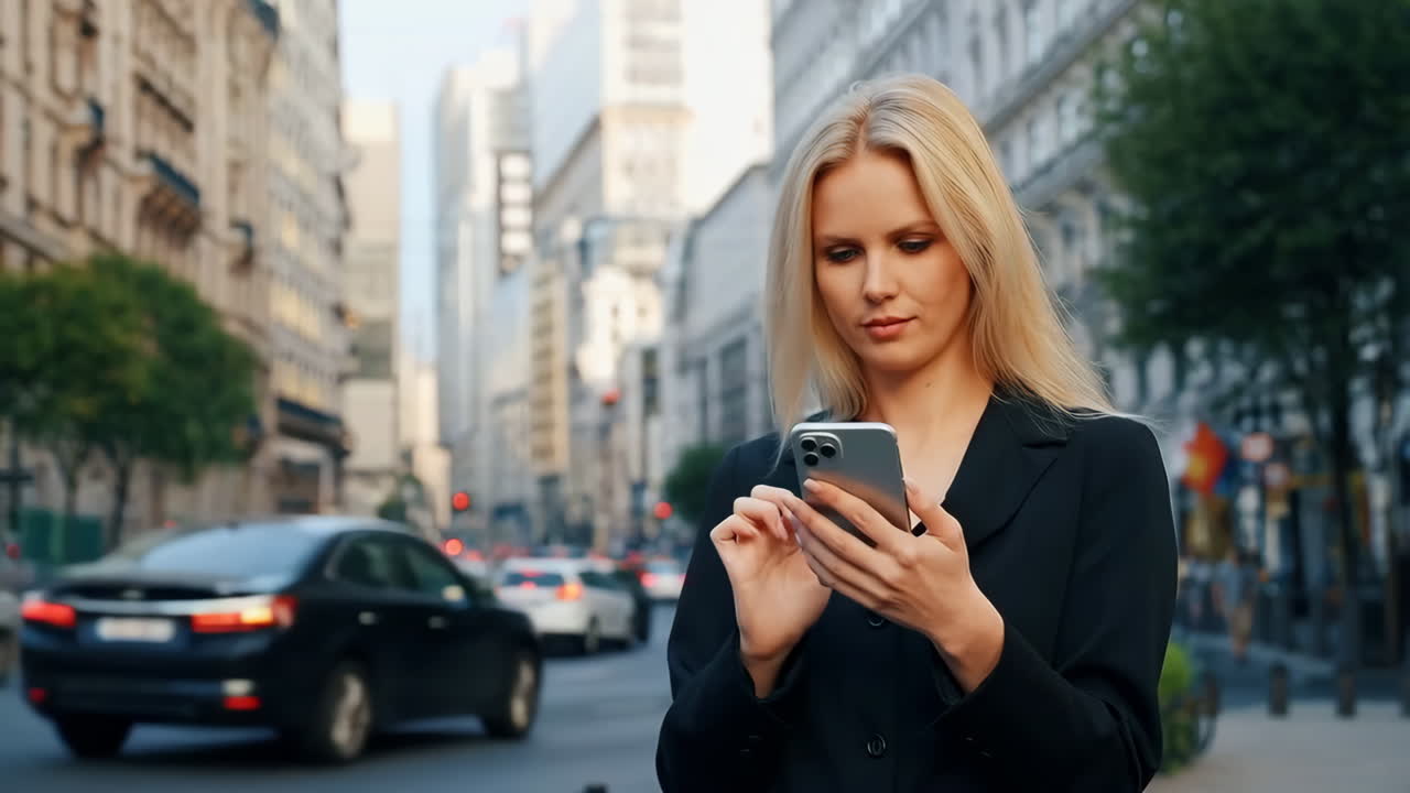 Blonde Woman Using Smartphone on a Busy City Street