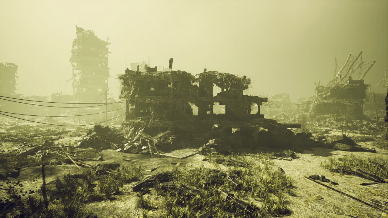 Posto militare abbandonato, avvolto dalla foschia e con strutture distrutte.