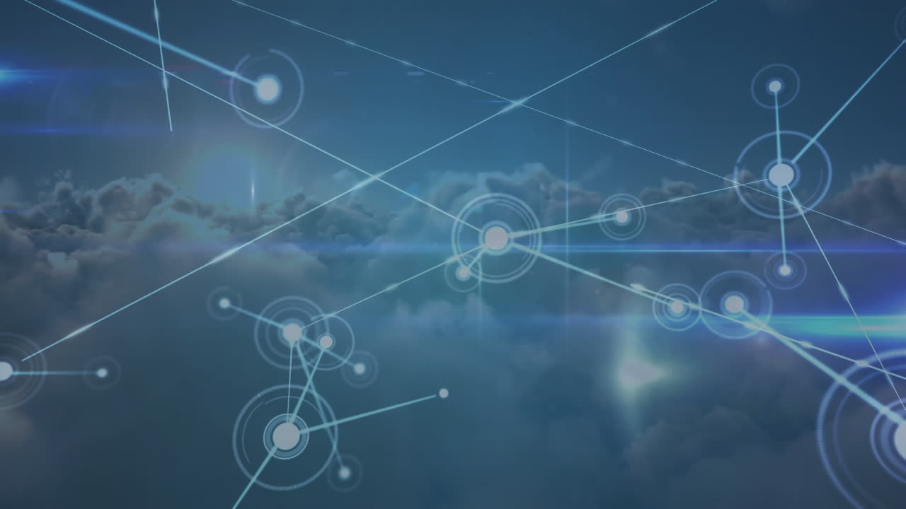 animación de redes de conexiones sobre nubes y cielo