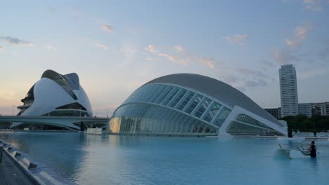 Evening-at-The-City-of-Arts-and-Sciences,-The-Hemisferic-cinema-in-Valencia,-Spain