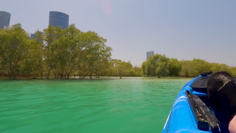 kayaking along the mangrove forest on al reem island in abu dhabi, united arab emirates with a view of the city skyline