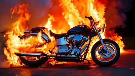 a motorcycle is engulfed by flames on the road