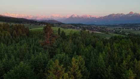 Aerial-of-forest-and-swiss-mountains-at-dusk