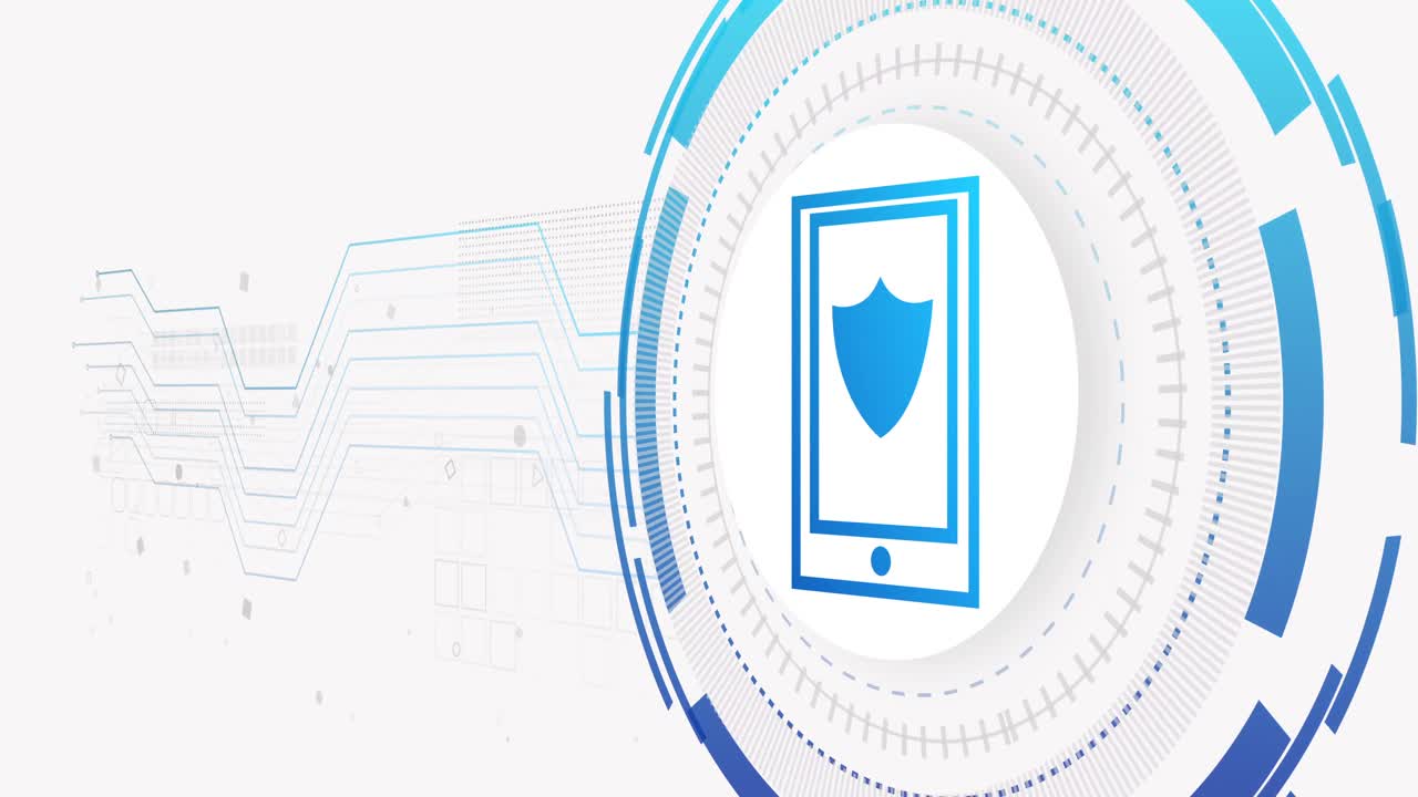 animación de la red de conexiones y el teléfono inteligente con escudo sobre fondo blanco