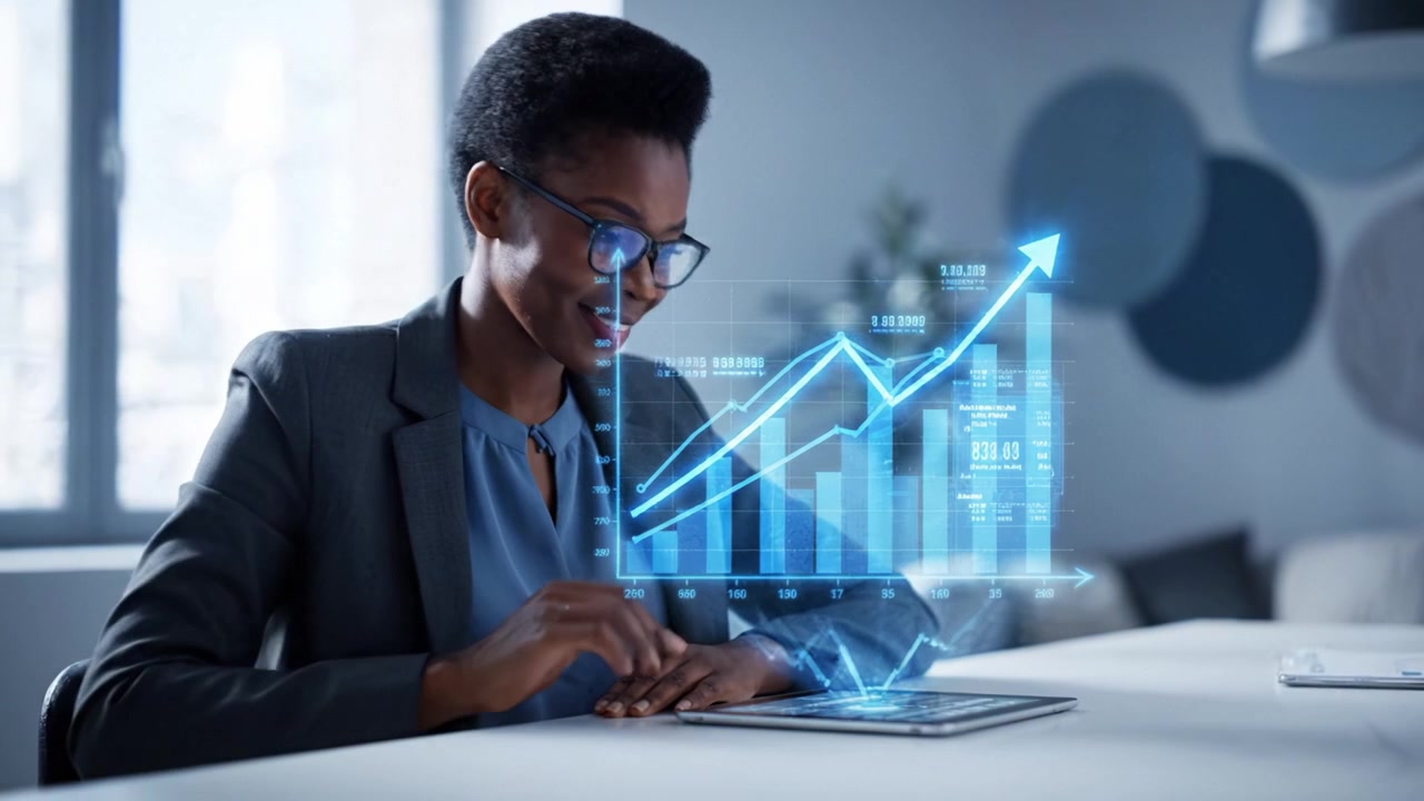 Professionel kvinde analyserer datatrends på tablet med finansielle grafer i et moderne kontormiljø, fokuseret på digitale målinger og indsigt for forretningssucces