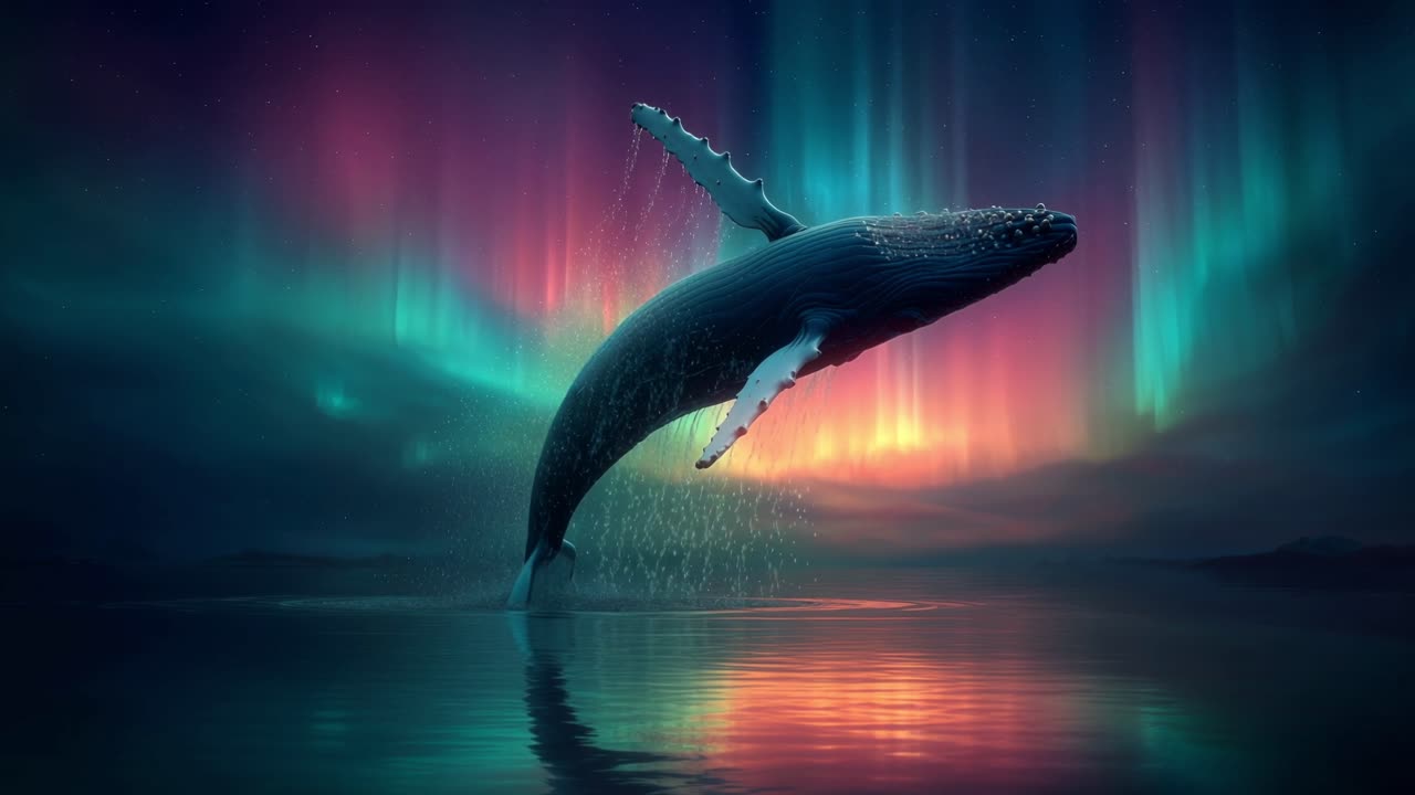 Whale amidst lights peaceful water scene featuring breaching whale against luminous aurora and
