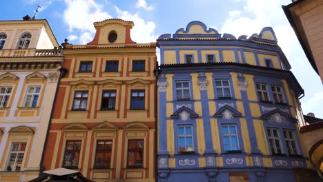 Buildings-across-the-street-from-the-Prague-Astronomical-Clock,-Czech-Republic