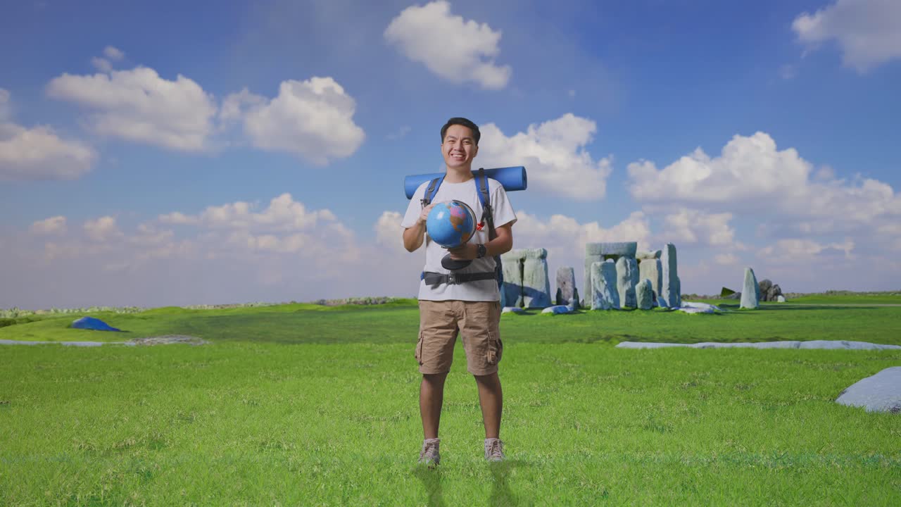 Full Body Of Asian Male Hiker With Mountaineering Backpack Holding World Globe In His Hands And Smiling To Camera While Traveling In Stonehenge