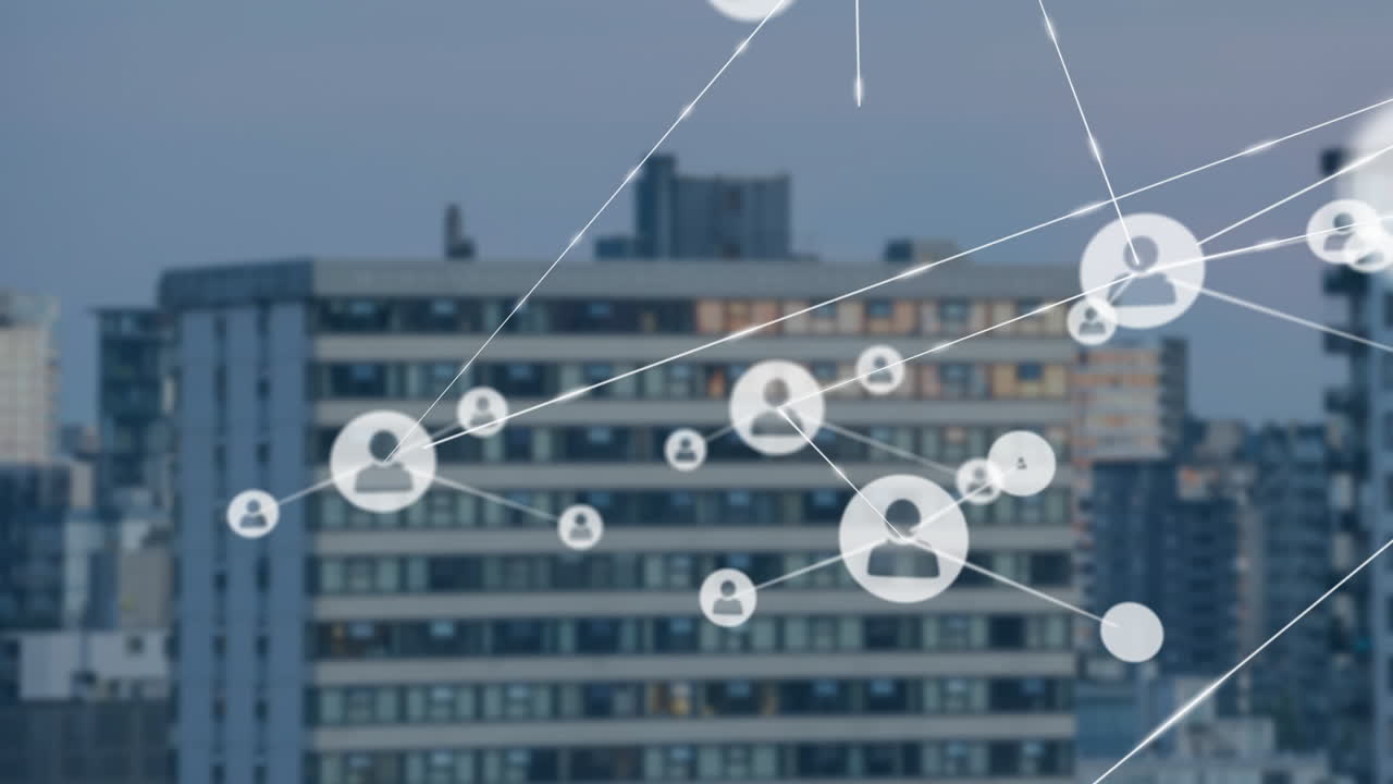 Animation av nätverk av anslutningar med ikoner över stadsbild