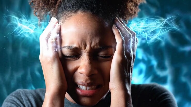 Stressed Woman Suffering From Migraine With Digital Brain Effects