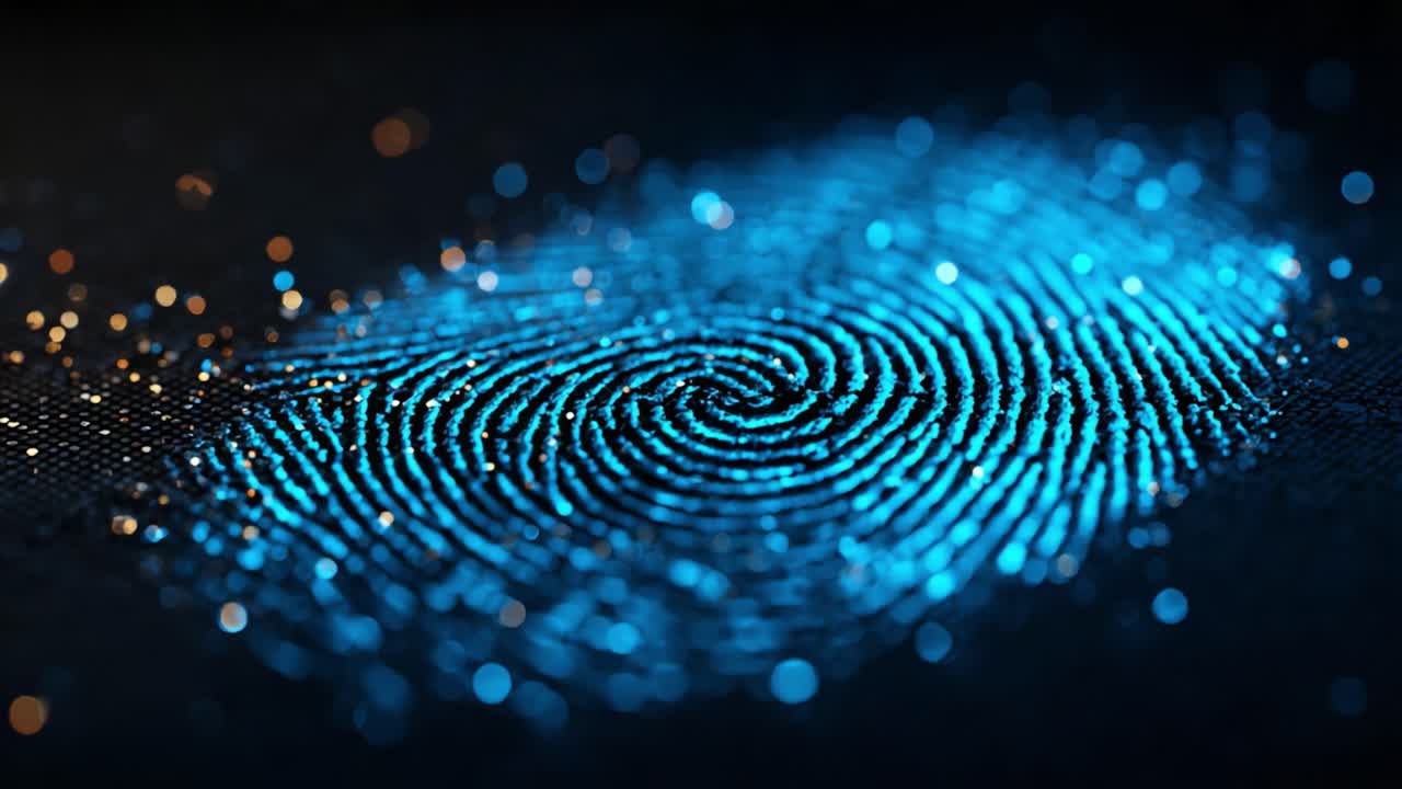 Exploring Unique Patterns of a Digitally Rendered Fingerprint in Vibrant Blue Hues with Sparkling Background for a Modern Aesthetic