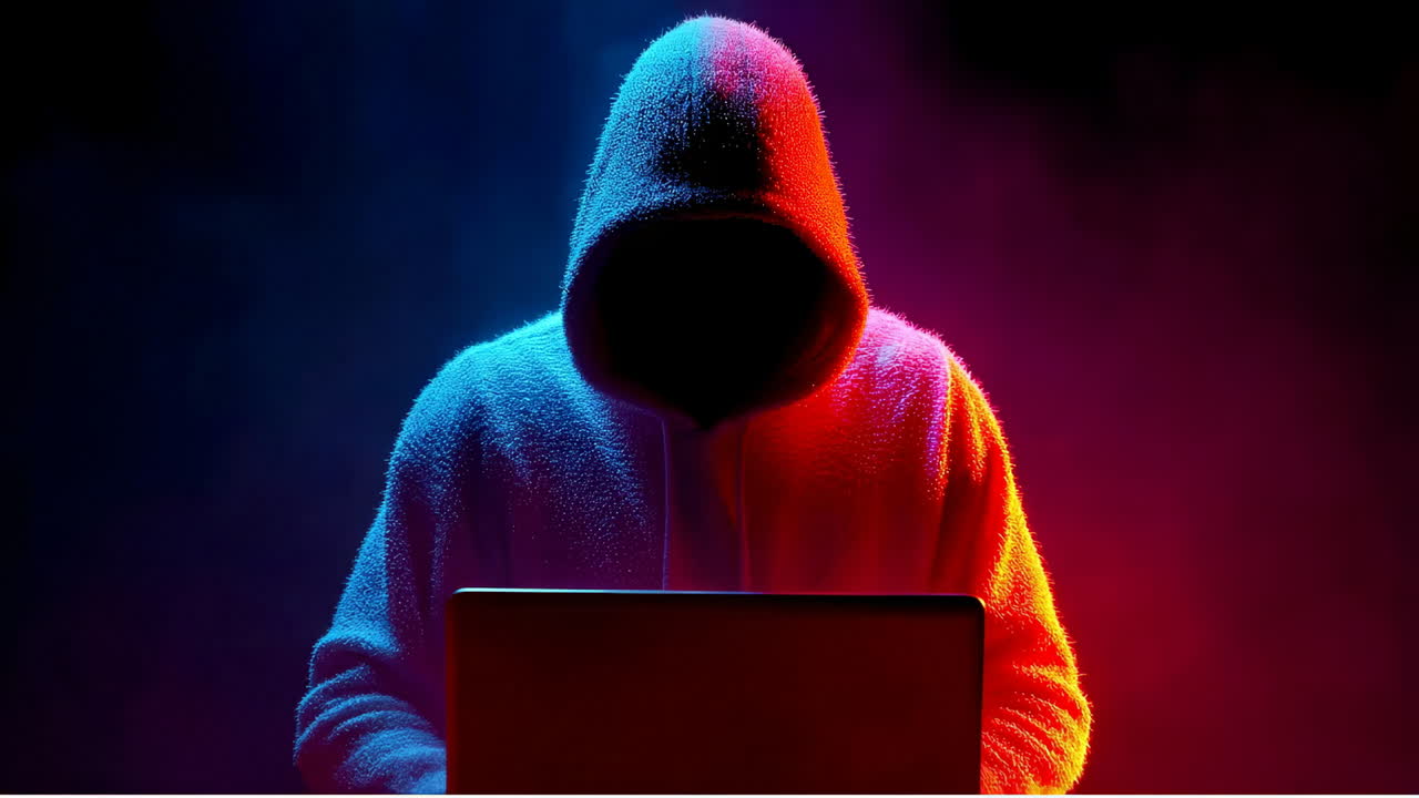 Hooded figure on laptop. A hooded figure focuses on a laptop in a dark space illuminated by colorful lights, creating an intense atmosphere