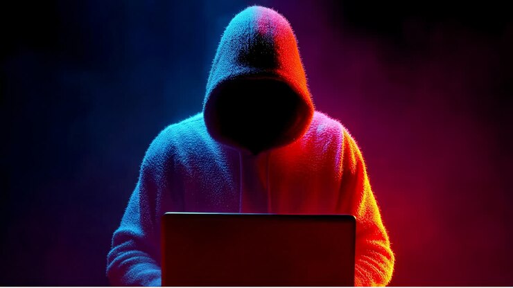 Figura incappucciata al laptop. Una figura incappucciata si concentra su un laptop in uno spazio buio illuminato da luci colorate, creando un'atmosfera intensa.