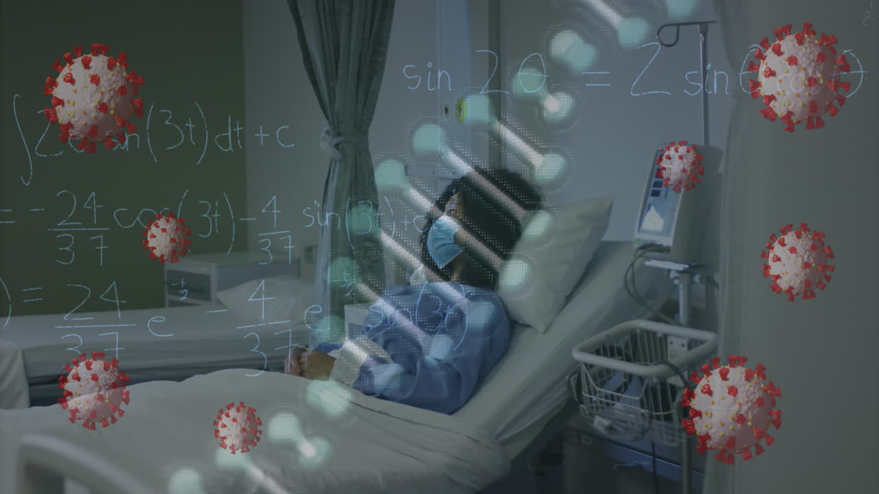 코로나 19 세포의 애니메이션, dna 스트랜드 스핀링과 얼굴 마스크를 입은 아픈 여성의 방정식