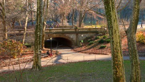 people on greyshot arch bridge in central park on a sunny winter morning in new york city