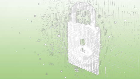 animación del procesamiento de datos y el candado de seguridad en línea sobre fondo verde