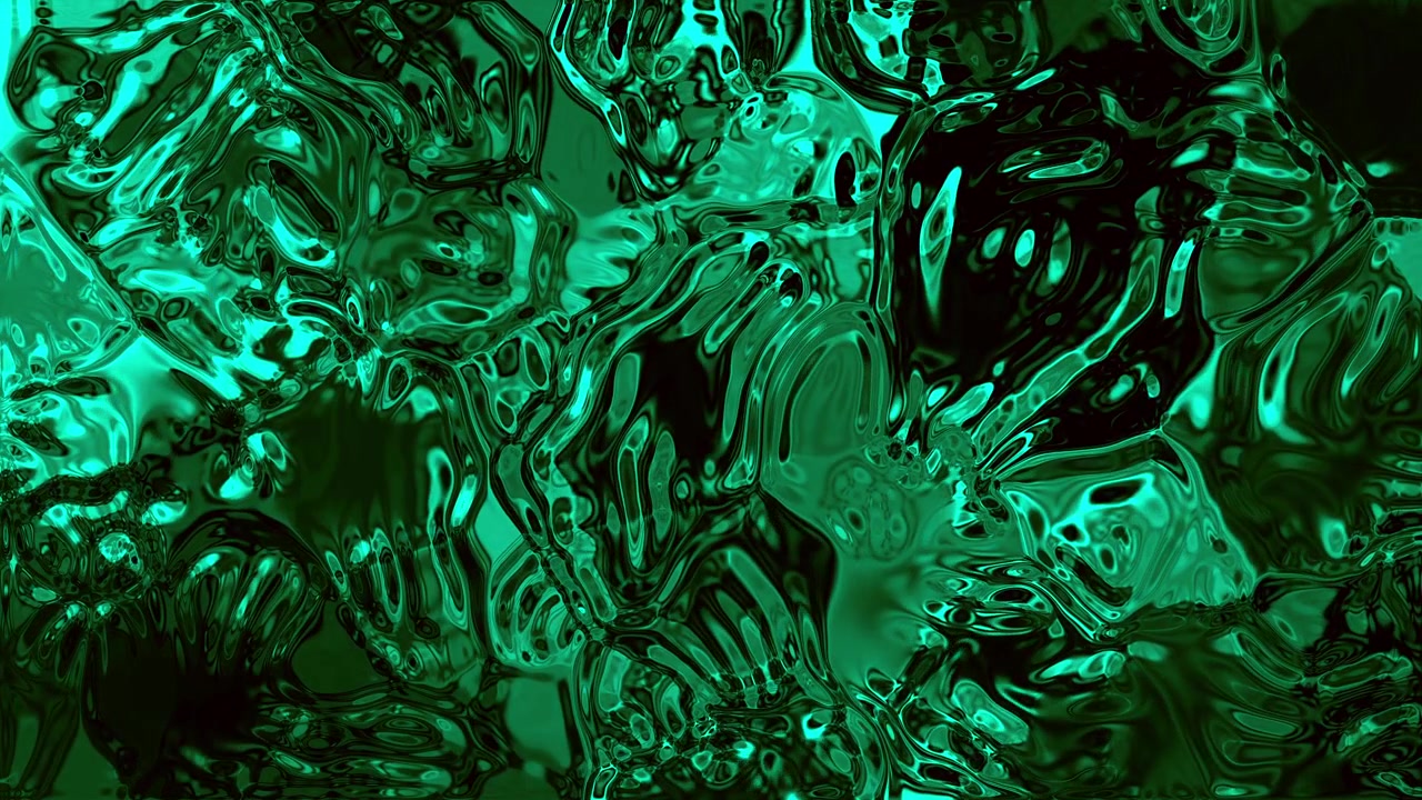 Abstract cyan green liquid surface flowing with metallic reflections and caustic ripples, seamless loop background
