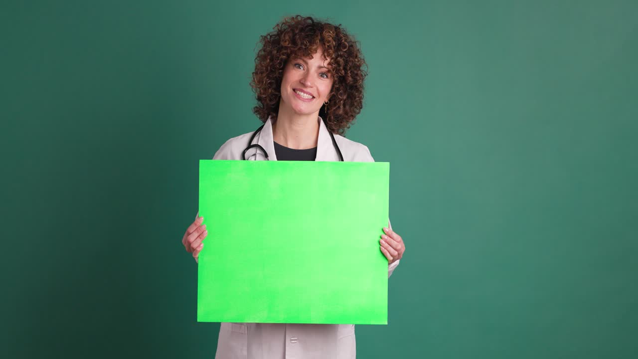 Happy woman holding blank green paper in green studio