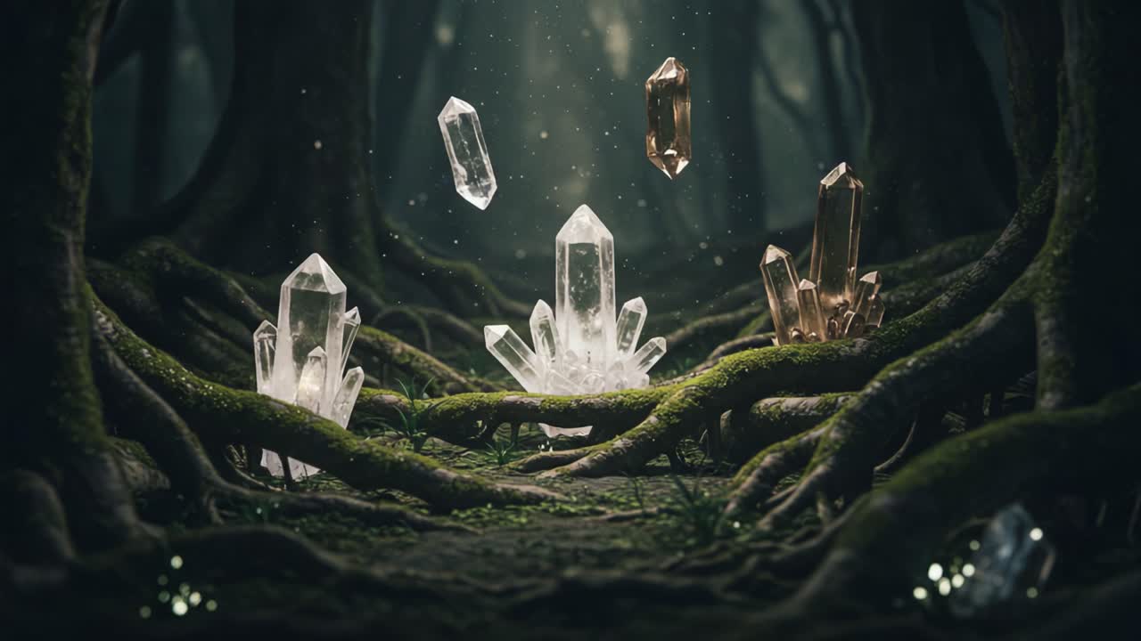 A Mystical Forest Scene Featuring Floating Crystals Amidst Twisted Roots and Soft Light, Evoking Enchantment and Serenity in Nature's Depths