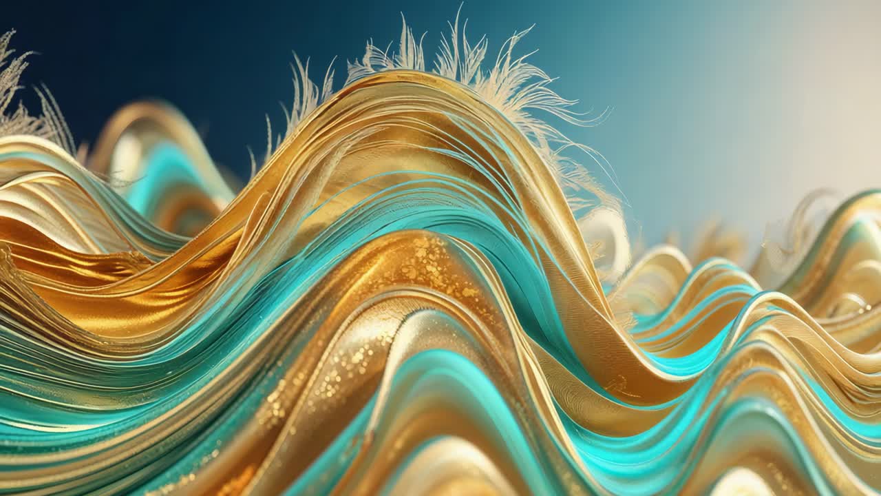 Abstract Gold and Turquoise Waves with Feathers