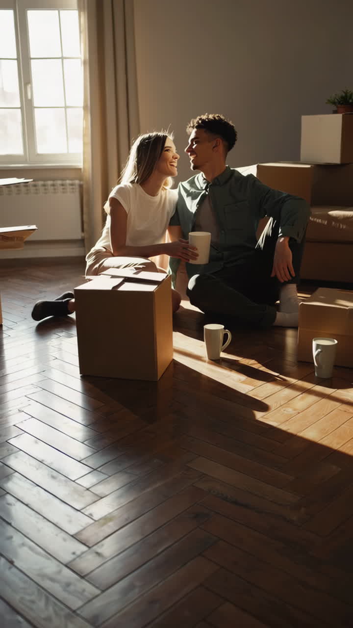 Young Couple Relaxing Amidst Moving Boxes in Their New Home