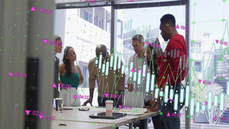 in office, diverse team discussing financial data with animation of graphs overlaid