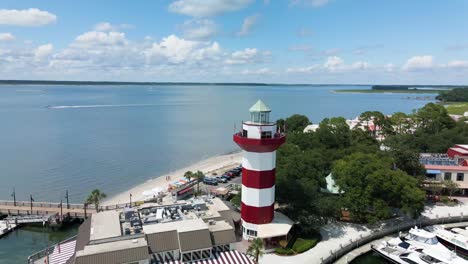 4K-Aerial-Footage-of-Harbor-Town-in-Hilton-Head-Island,-South-Carolina