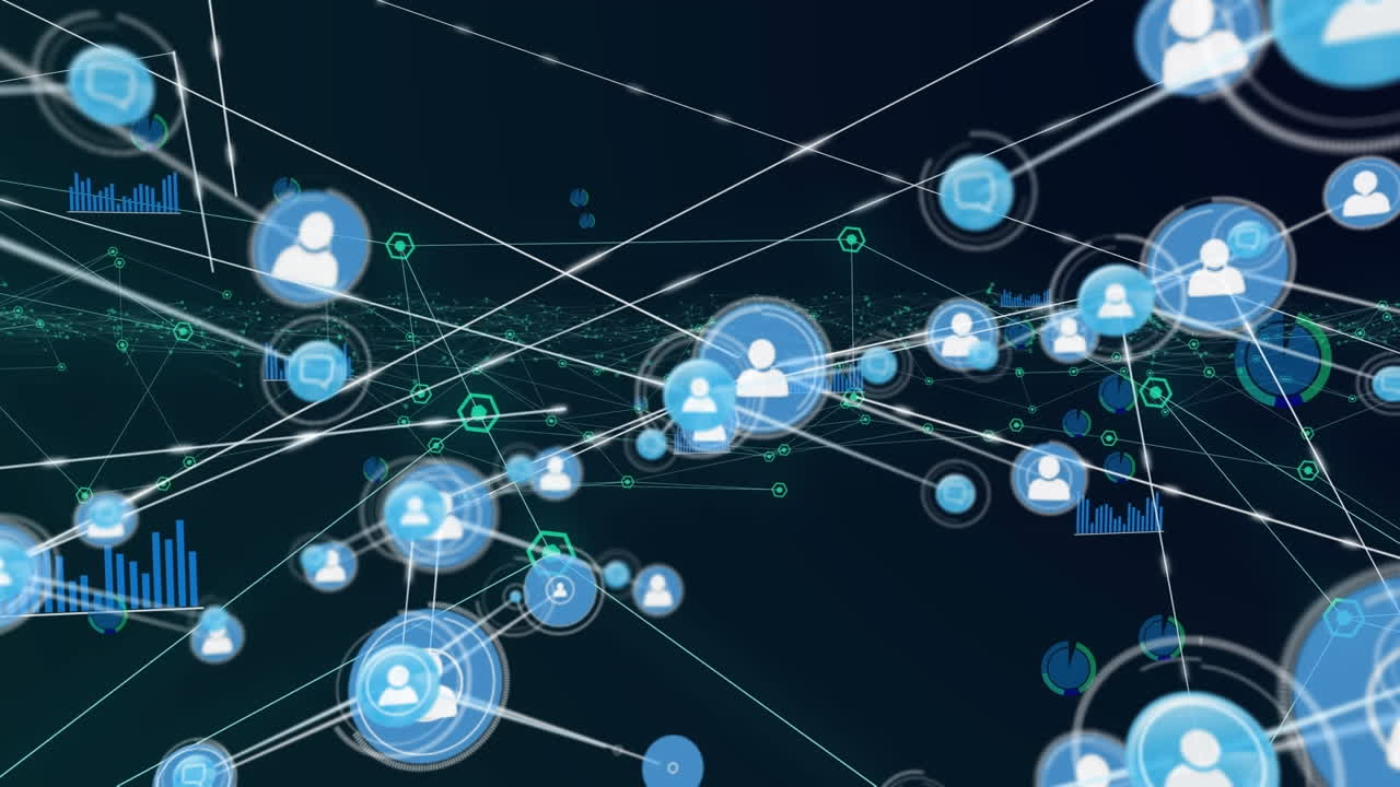 Animation of network of profile icons against blue background