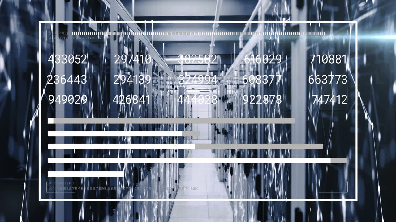 animación de números cambiantes, barras de carga sobre puntos conectados contra la sala de servidores.