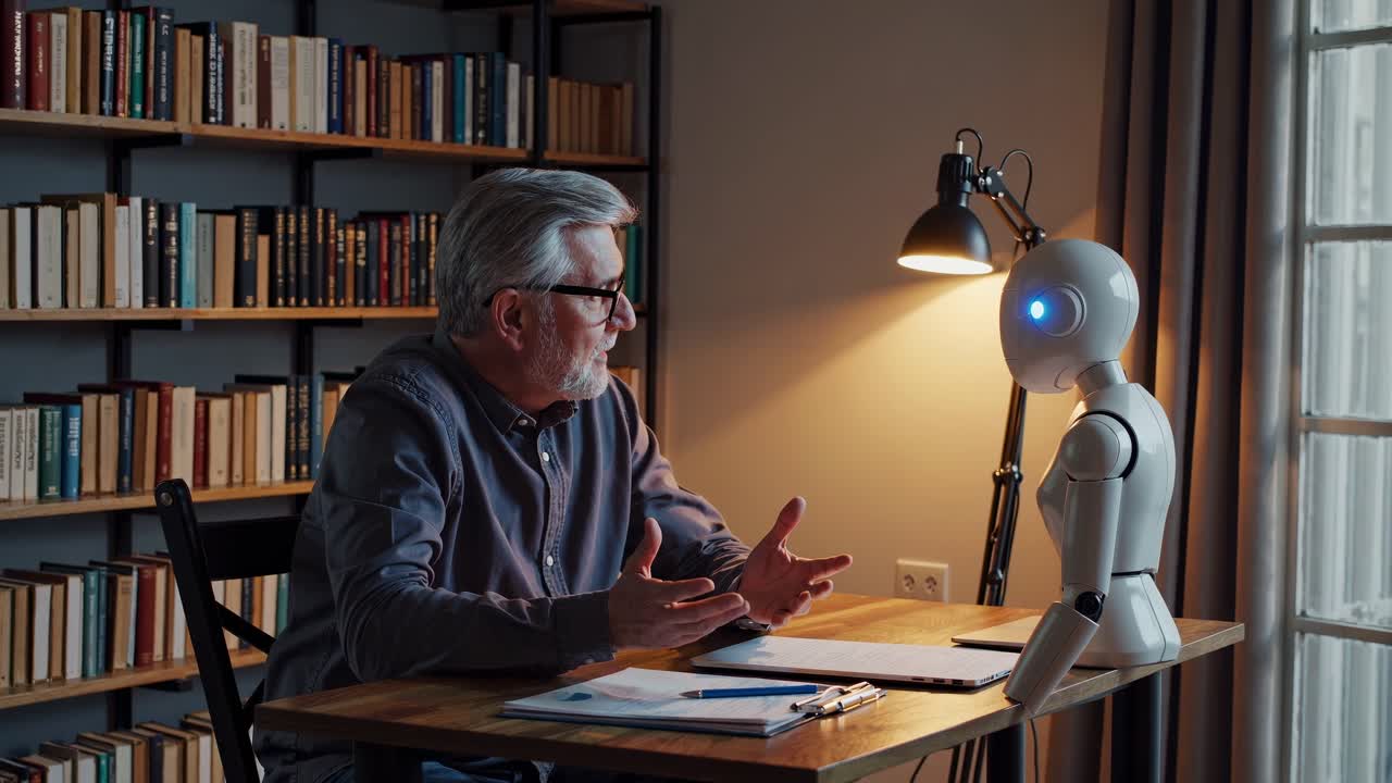 hombre anciano y robot en una reunión