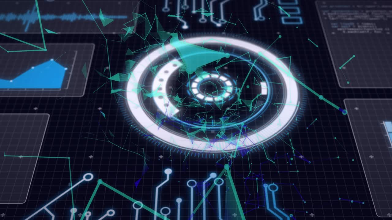 둥근 범위, 마더보드 및 검은색 배경에 움직이는 정보와 인터페이스의 애니메이션